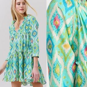 NWT Charina Sarte Cotton Ikat Print Swing Mini Dress in Aqua
